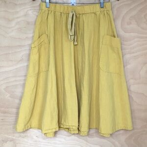 A Line Yellow Midi Skirt Drawstring Side Pockets 100% Cotton Sz M.